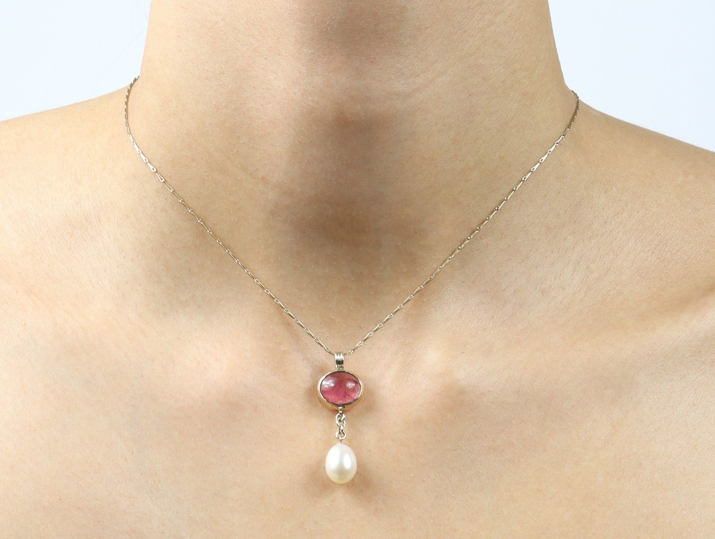 PINK TOURMALINE AND PEARL DROP NECKLACE