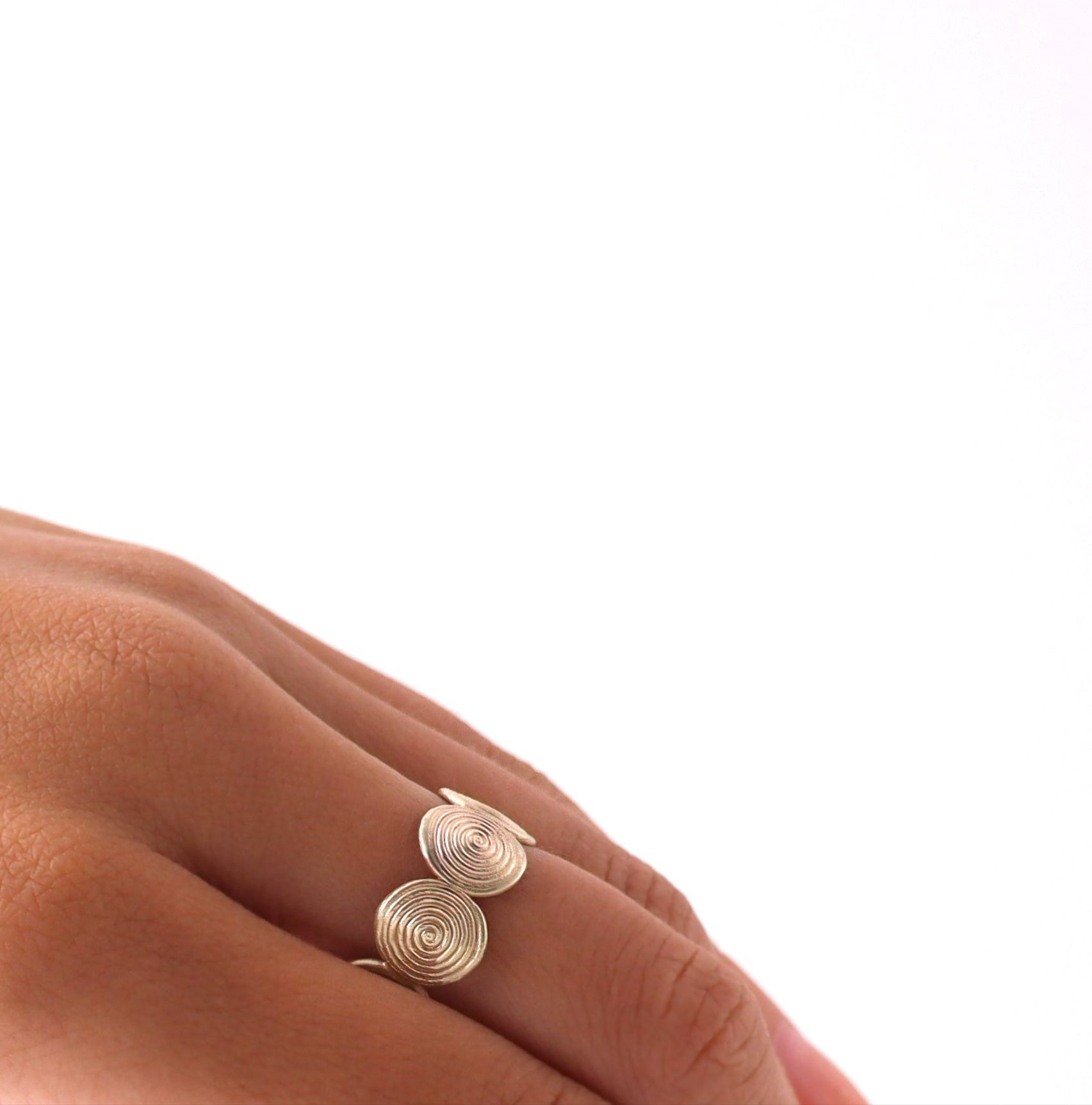 Hand wearing a ring on a white background