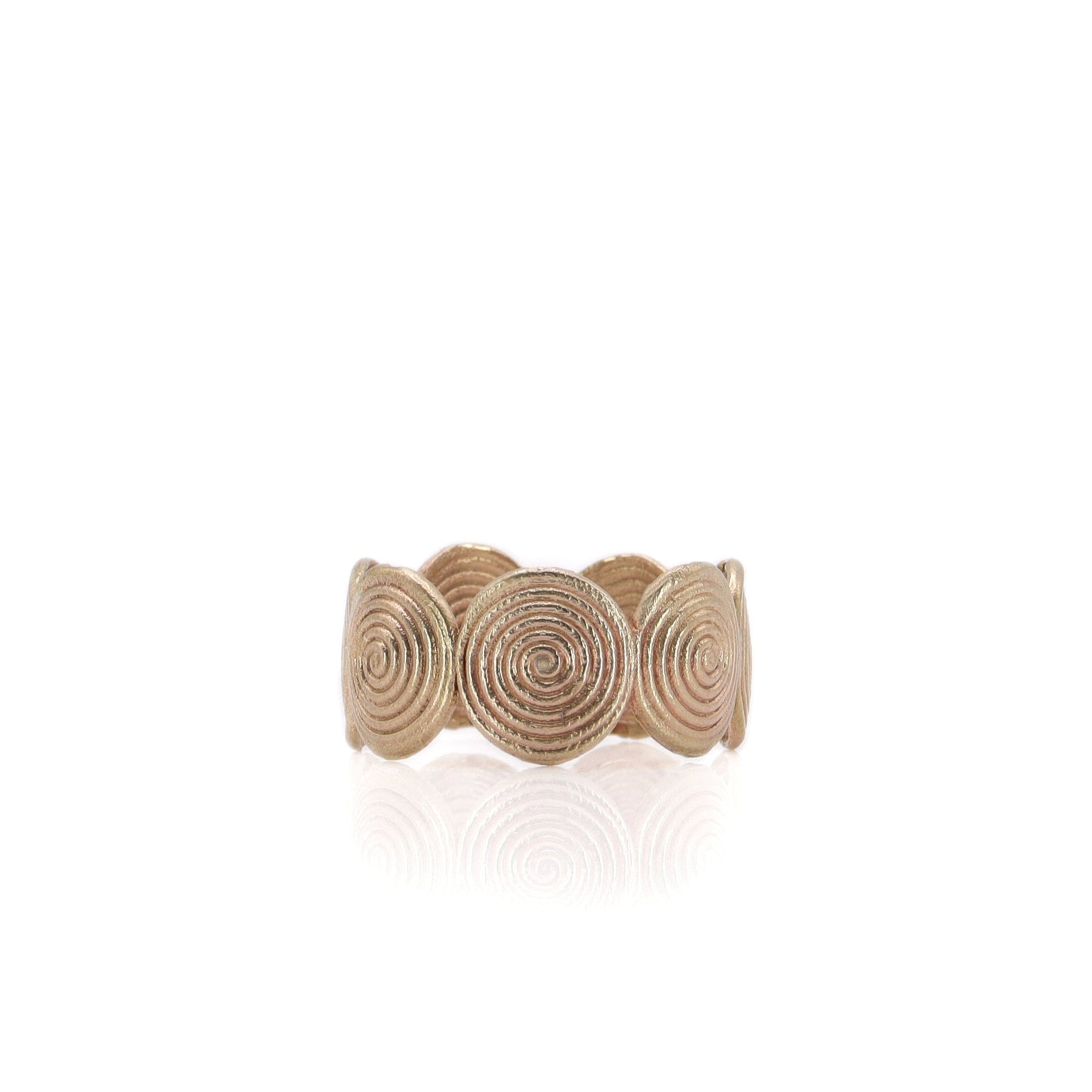 Gold ring with a textured design on a white background